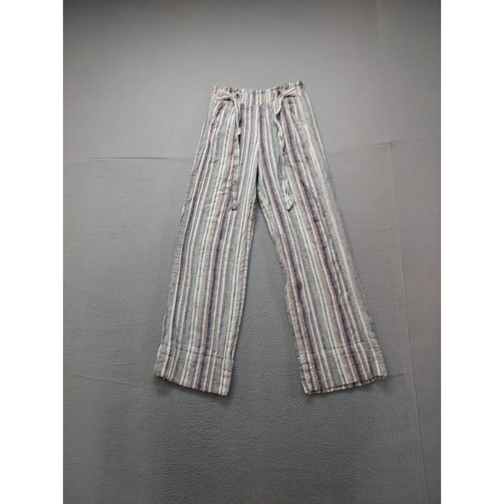 Knox Rose Women Pant XS Gray Stripe Wide Leg Elastic Tie Waist Beach Linen‎ Boho